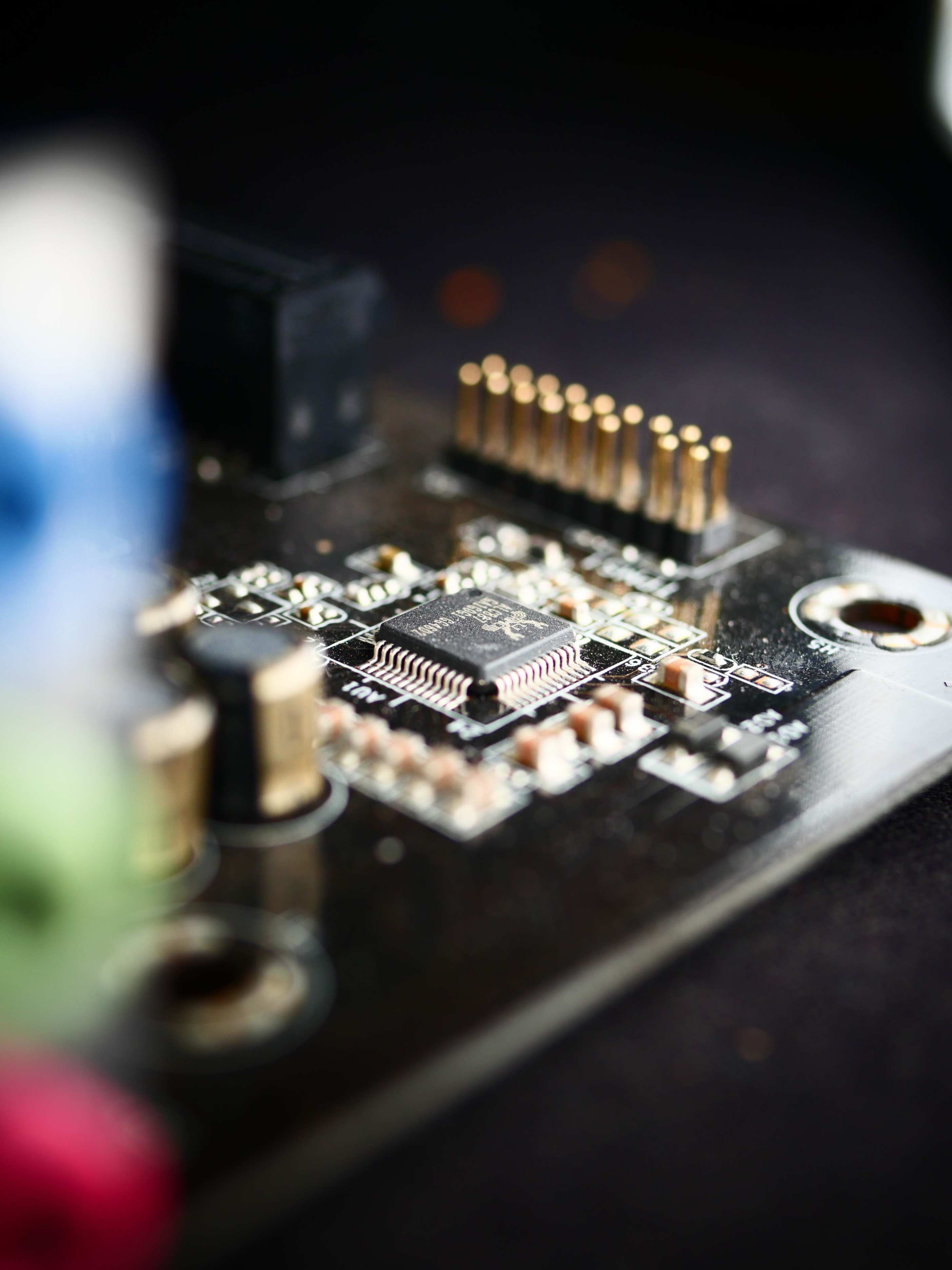 Close view of a circuit board with electronic components and microchip
